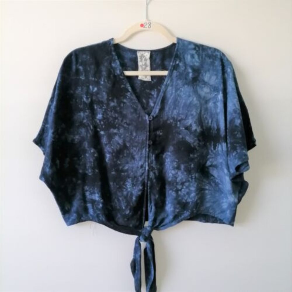SADIE & SAGE Womens Blue Dolman Sleeve Tie Waist Button-Up Kimono Top Size M